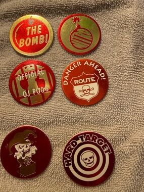 Vintage Red & Gold Pogs - 'The Bomb' / Route Danger / Hard Target/ Official OJ
